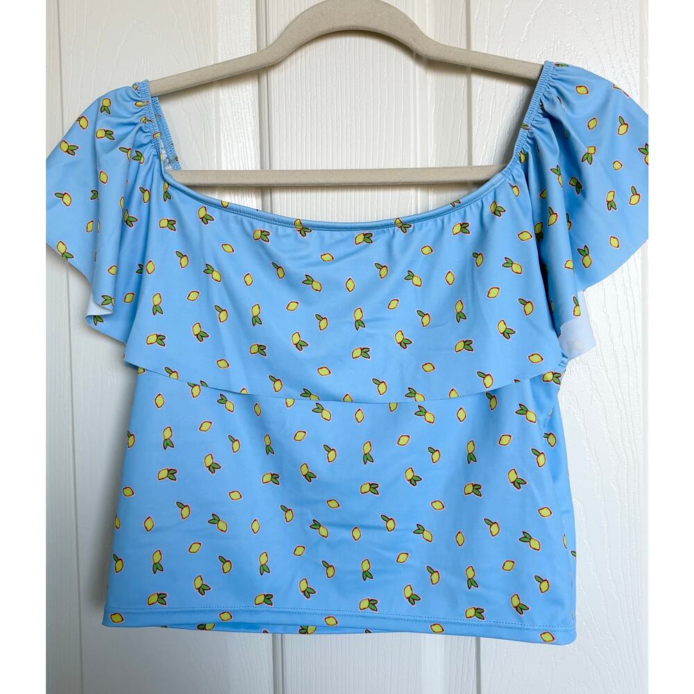 New w/o Tags ! Kortni Jeane Ruffled Around Swimsuit Topβ Blue Yellow Lemon Sz L